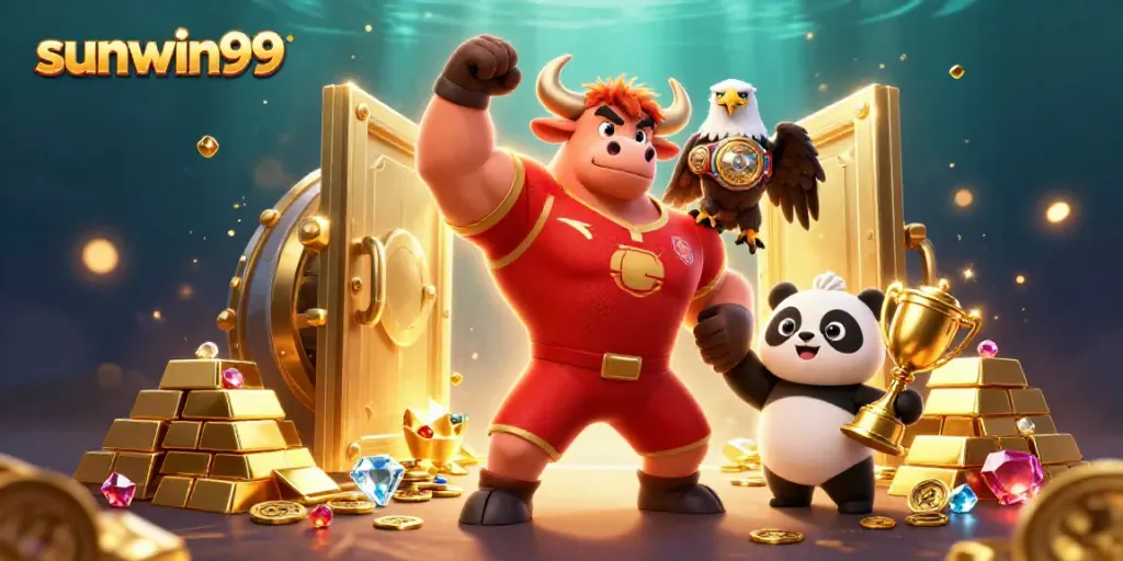 Engage with sunwin99 featuring a muscular bull, eagle, and panda amidst a treasure-filled casino scene.