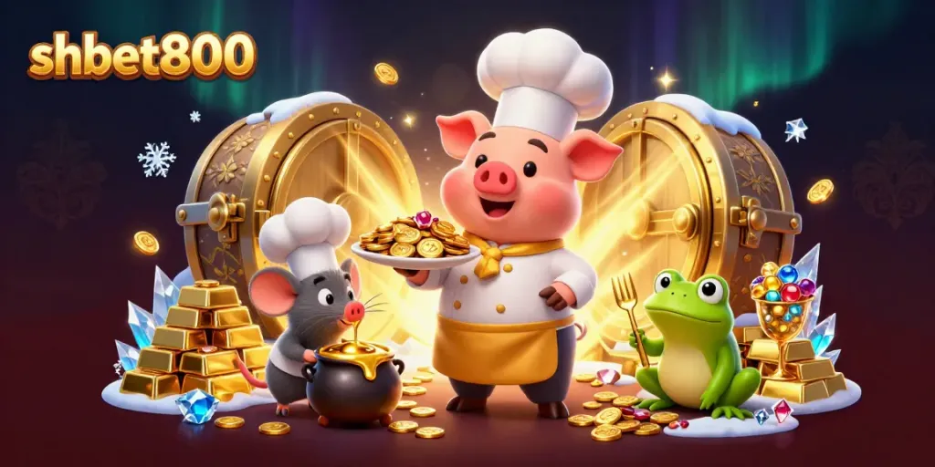 Experience the thrill of shbet800 with a vibrant 3D casino scene featuring playful characters and treasure.