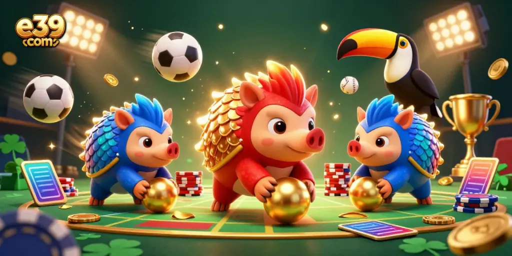 Engage in thrilling games at e39 com with exciting pangolin characters amidst dynamic casino action.
