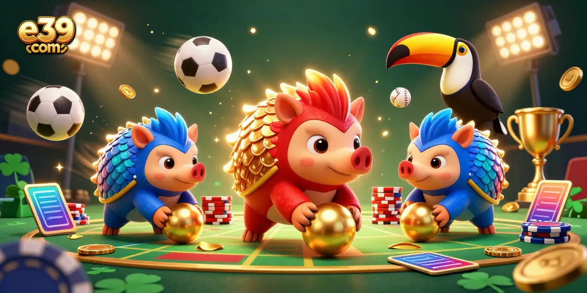 Engage in thrilling games at e39 com with exciting pangolin characters amidst dynamic casino action.