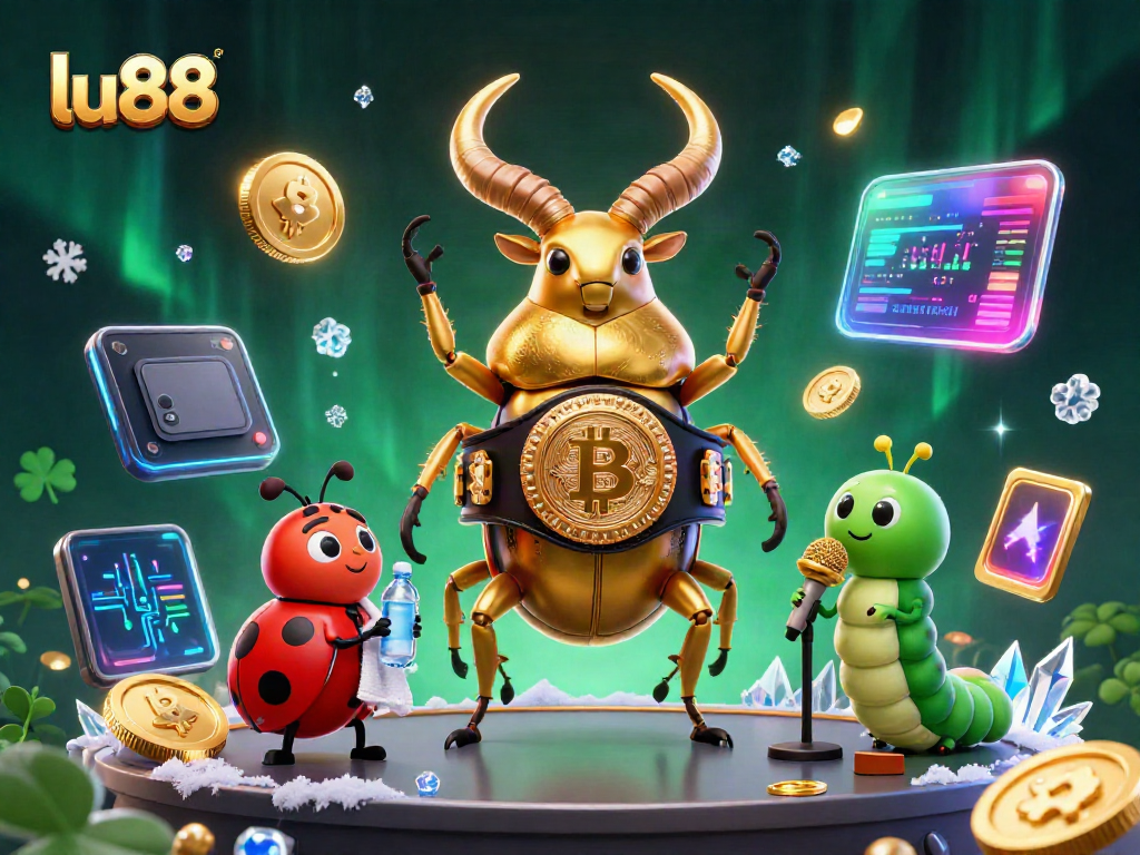Experience the excitement of lu88 with golden characters and crypto elements in a vibrant casino-themed scene.
