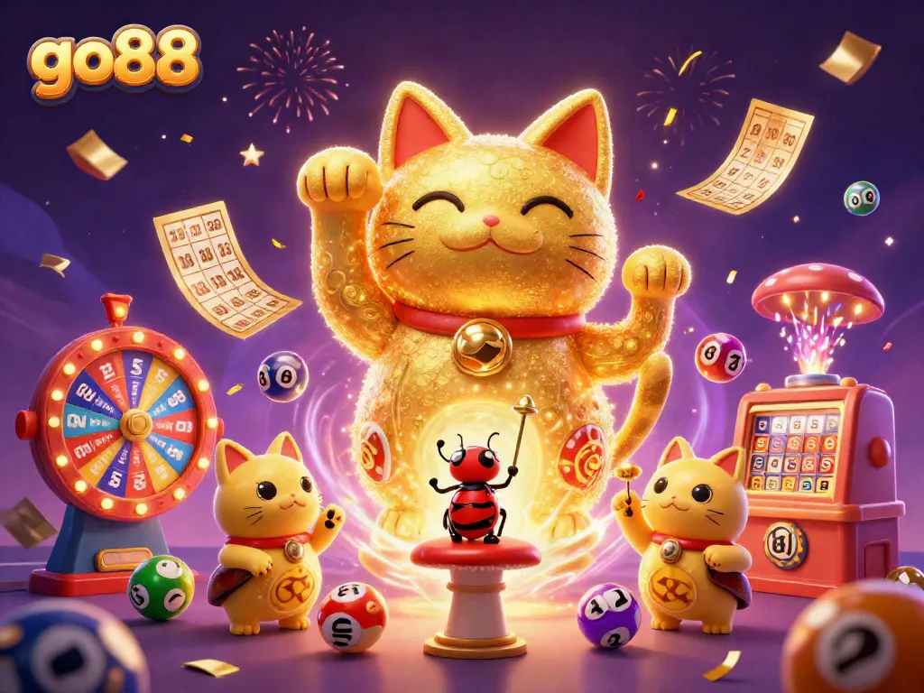 Experience the excitement of go88 with a vibrant scene of a lucky cat surrounded by colorful casino symbols.