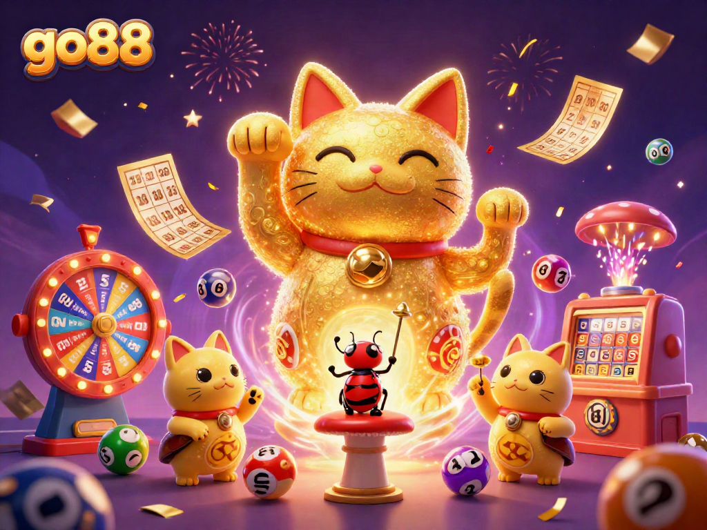 Experience the excitement of go88 with a vibrant scene of a lucky cat surrounded by colorful casino symbols.