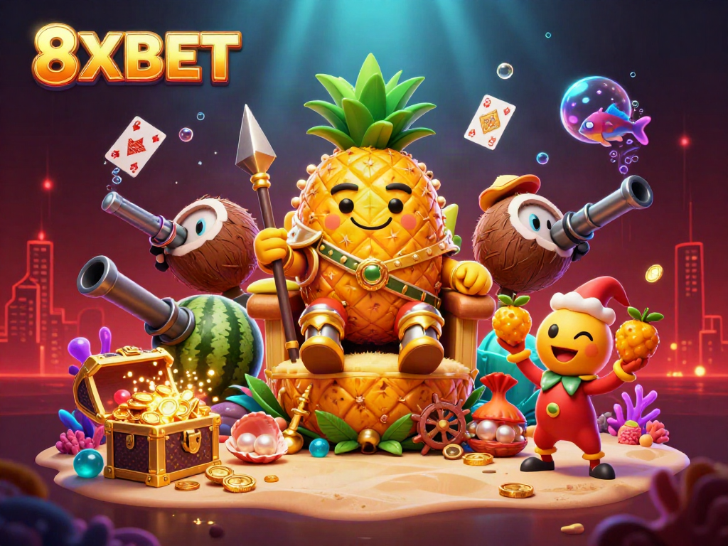 Experience vibrant gameplay with 8XBET's whimsical casino scene featuring a golden pineapple king and treasure explosions.