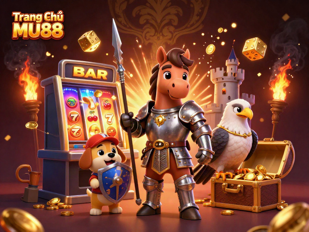 Experience thrilling gameplay at Trang Chủ MU88 with a vibrant 3D illustration of gaming excitement.