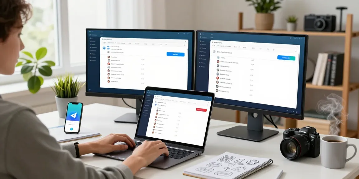 Person using Telegram Web Version in a modern home office with tech gadgets and a bright ambiance.