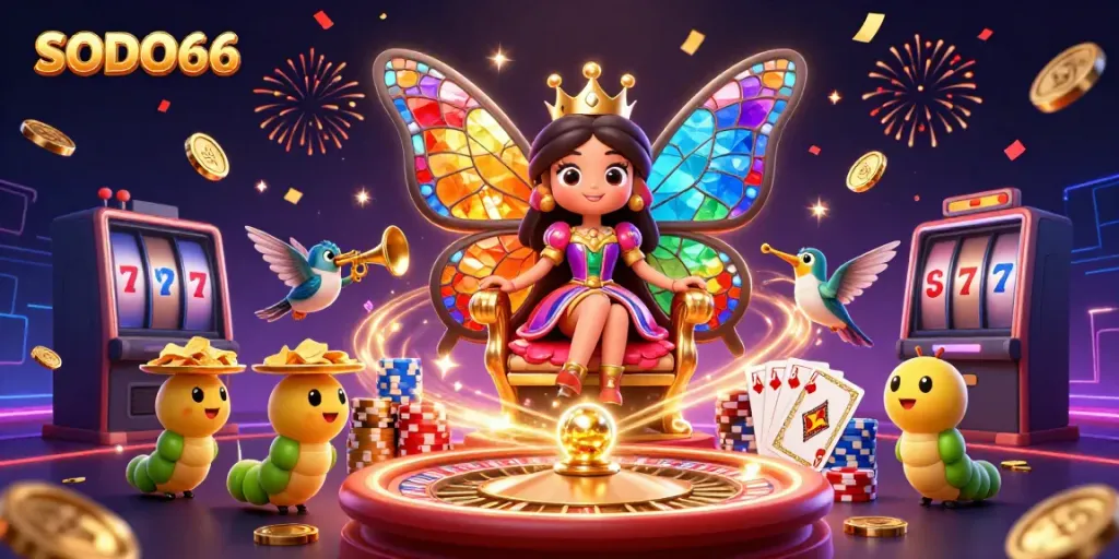 Experience the excitement of SODO66 with a vibrant 3D illustration showcasing a butterfly queen, golden coins, and roulette elements.
