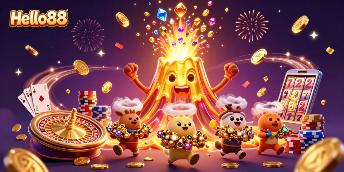 Experience the thrill of Hello88 with vibrant 3D casino action featuring erupting volcano and treasure!