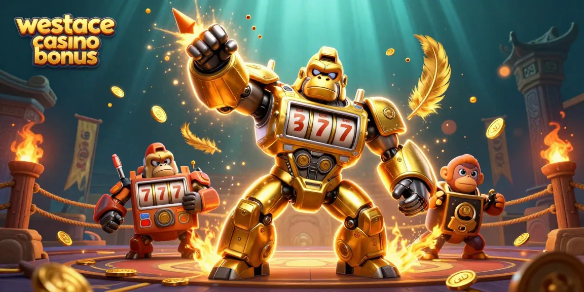 Geniet van de WestAce casino bonus met een dynamische 3D illustratie van een gouden gorilla mech die muntstukexplosies maakt.