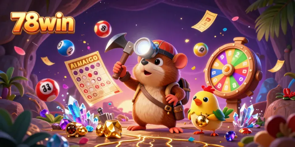 Experience exciting gameplay at 78win with a vibrant scene of cartoon characters and casino elements.