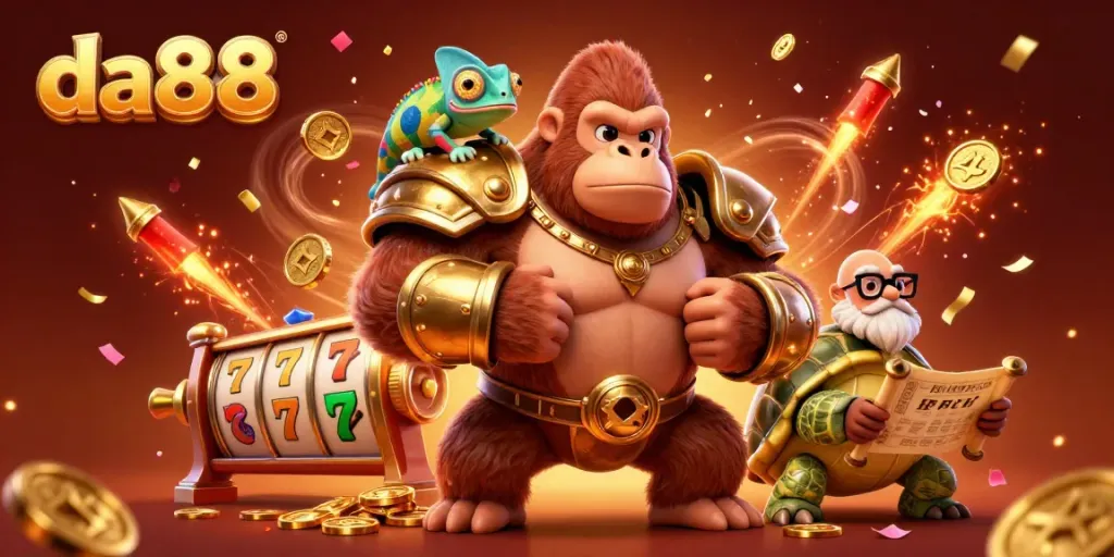 Engage in thrilling slot gaming at da88 with an energetic scene featuring a gorilla king, a colorful chameleon, and a wise tortoise elder.