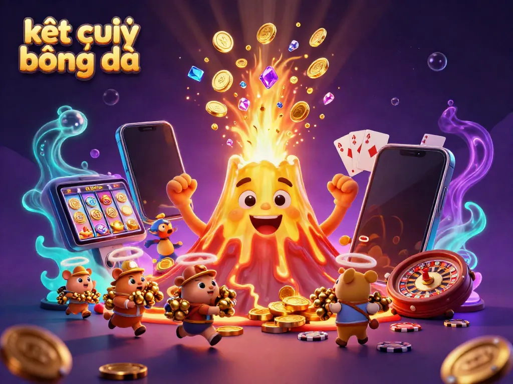 Kết quả bóng đá presented in an ultra-detailed 3D illustration art featuring a golden volcano, colorful slot game, and treasure.