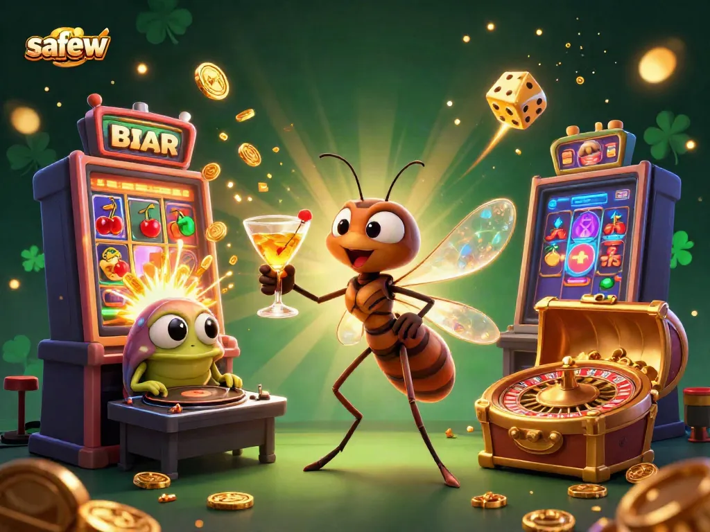Experience the dynamic excitement of safew casino with a lively scene of characters and gambling elements.