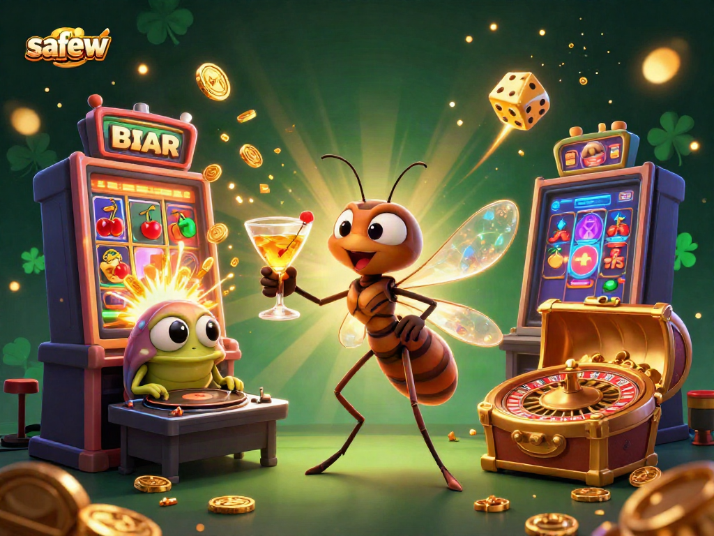 Experience the dynamic excitement of safew casino with a lively scene of characters and gambling elements.