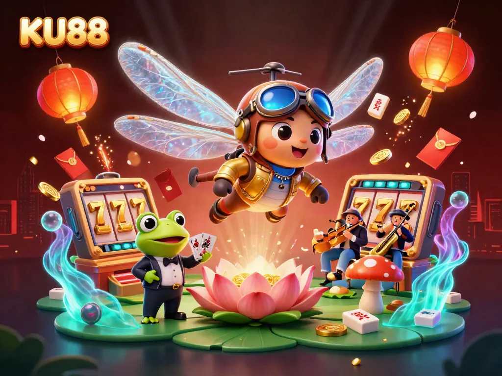 Engage with KU88's dynamic casino scene featuring vibrant slot reels, a helicopter pilot, and a frog dealer.