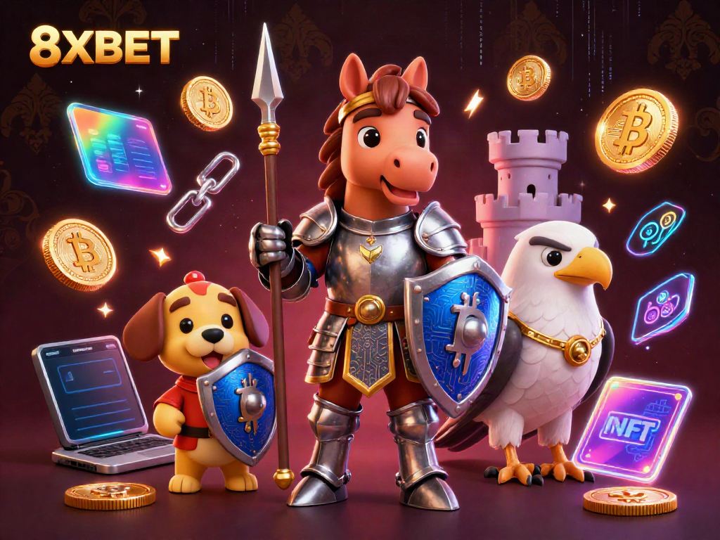 Engage with 8XBET for thrilling online gambling adventures featuring dynamic medieval characters and crypto elements.