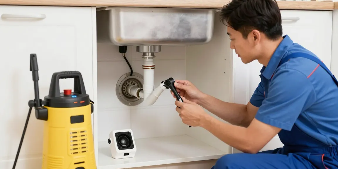 Ontstoppingsdienst voor verstopte afvoeren in moderne keuken van expert met hogedrukreiniger.