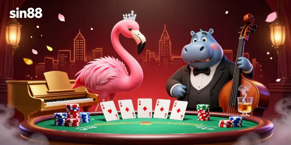 Experience vibrant online casino gaming with sin88, featuring colorful poker elements and lively characters.