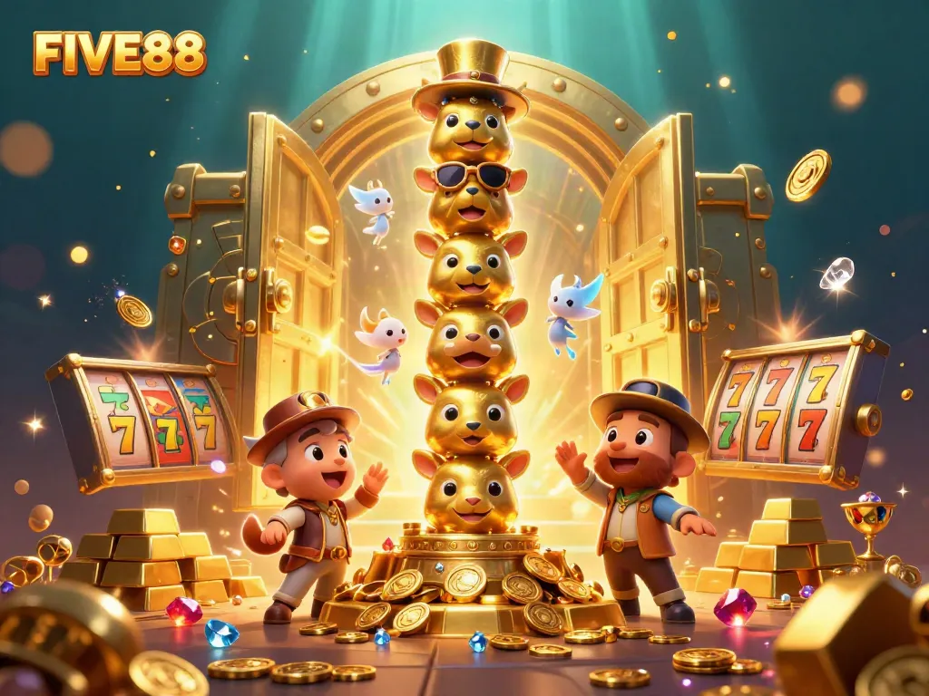 Experience the vibrant excitement of FIVE88 casino with lively characters and dynamic slot elements.