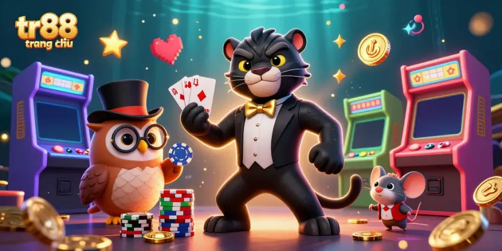 Engage with the vibrant energy of tr88 trang chủ featuring a stylish panther dealer and enchanting owl amidst casino excitement.