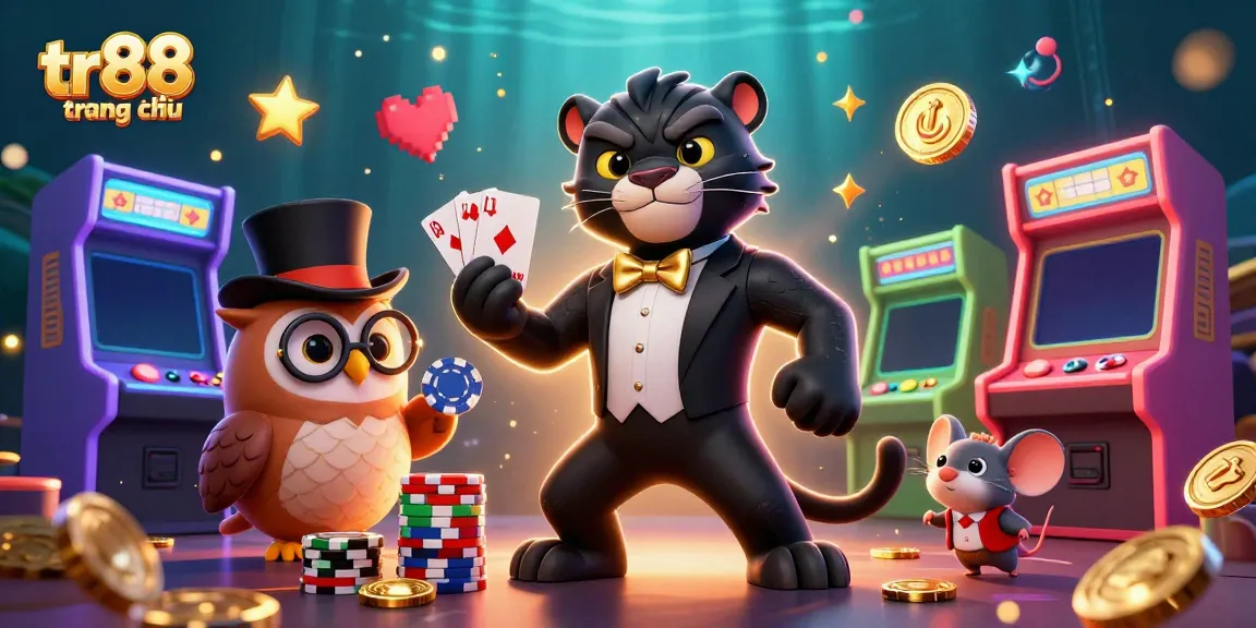 Engage with the vibrant energy of tr88 trang chủ featuring a stylish panther dealer and enchanting owl amidst casino excitement.