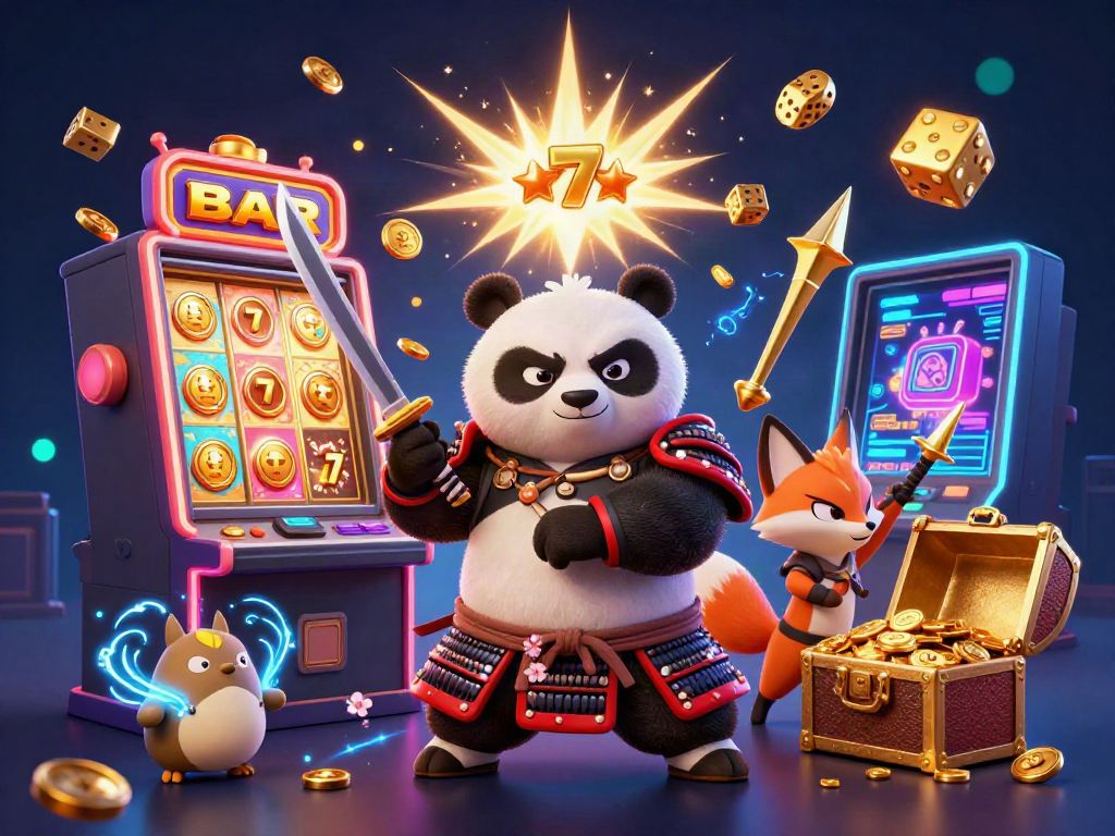 Engage in thrilling gaming excitement with EX88 as a samurai panda, ninja fox, and spirit tanuki celebrate a massive jackpot.