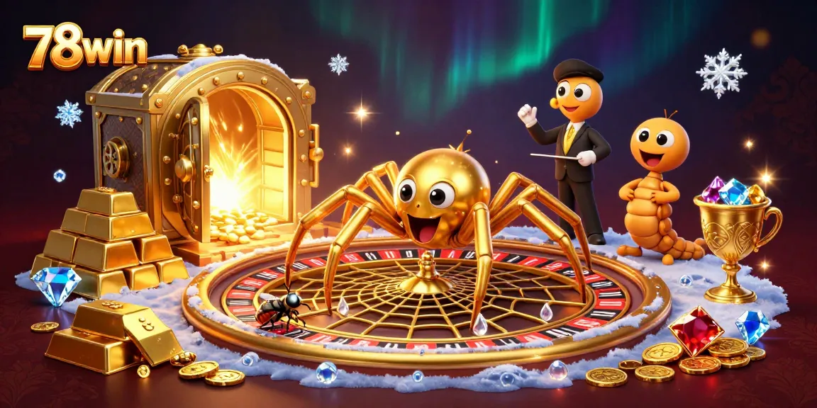 78win brings excitement at the casino as the golden spider spins the roulette wheel with rich gems.