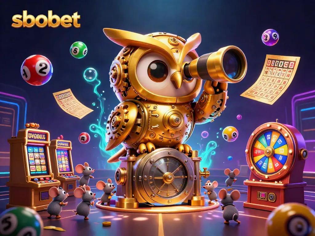 Menangkan taruhan sbobet dengan ilustrasi kasino 3D yang menampilkan burung hantu emas berputar.