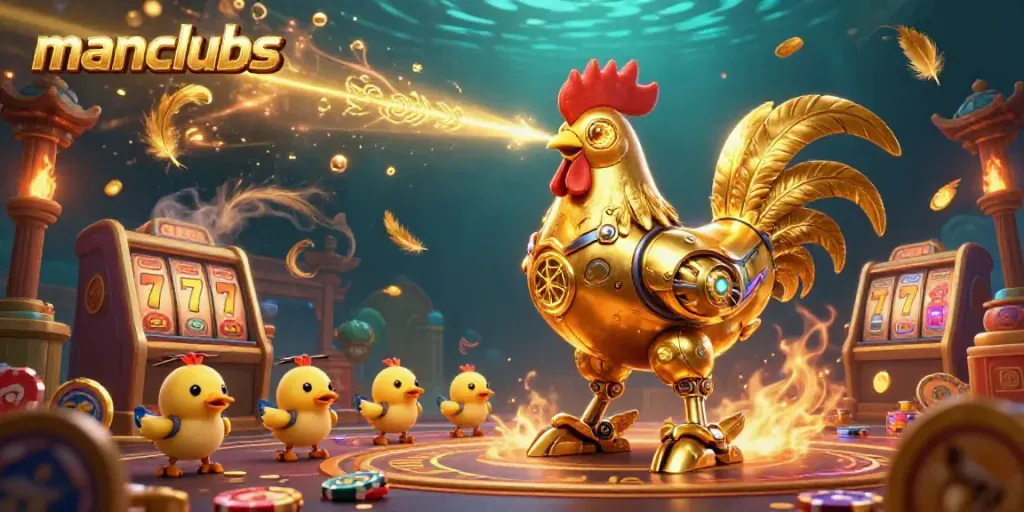 Engage in thrilling manclubs betting with this vibrant golden rooster robot casino scene.