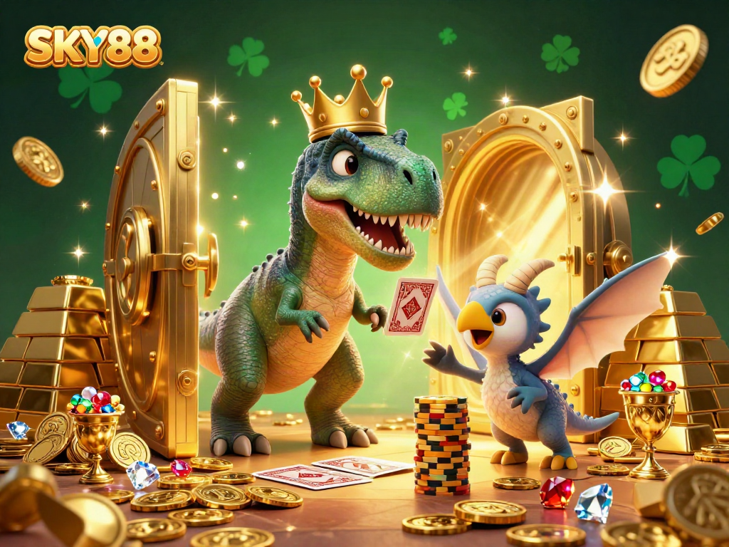 Experience the vibrant energy of SKY88 with a T-Rex shuffling cards, a pterodactyl assistant, and a triceratops stacking chips.