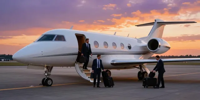 Private jet rental Amsterdam with a stylish traveler departing at sunset, showcasing luxury and elegance at Schiphol airport.
