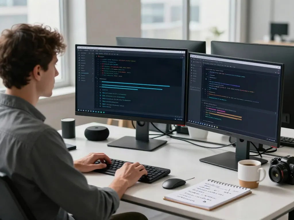 AI prompt tracking in a professional tech workspace with multiple screens and a focused developer.