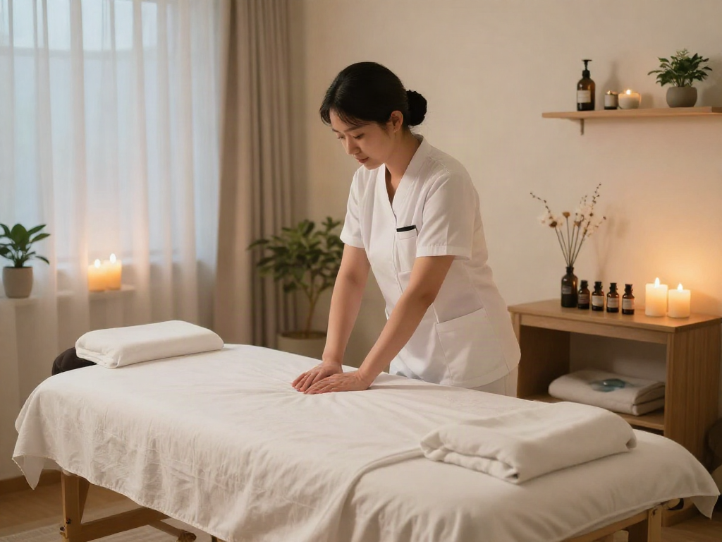 Experience soothing 군포출장마사지 therapy in a serene massage room with calming ambiance and professional setup.
