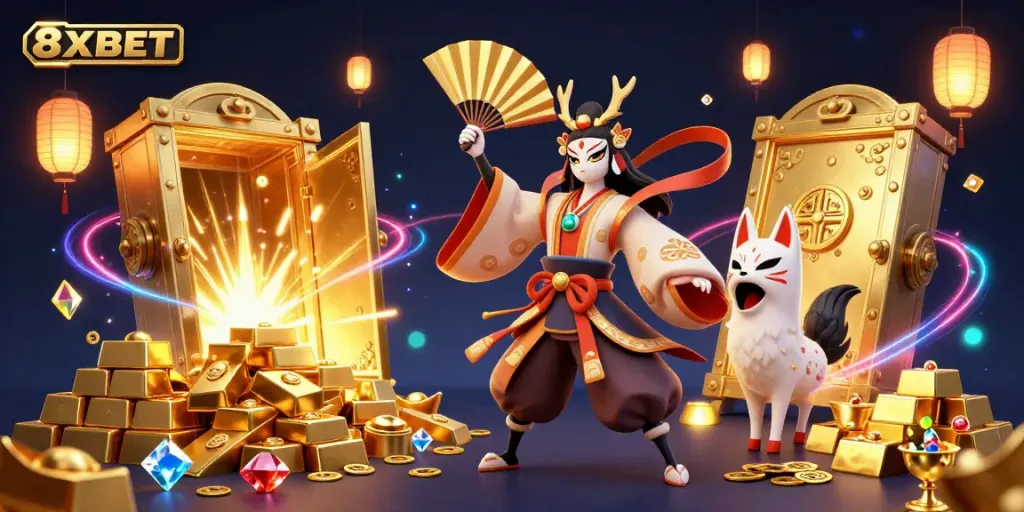 Experience the vibrant gaming world of 8XBET with a dynamic 3D scene showcasing kabuki warriors and treasures.