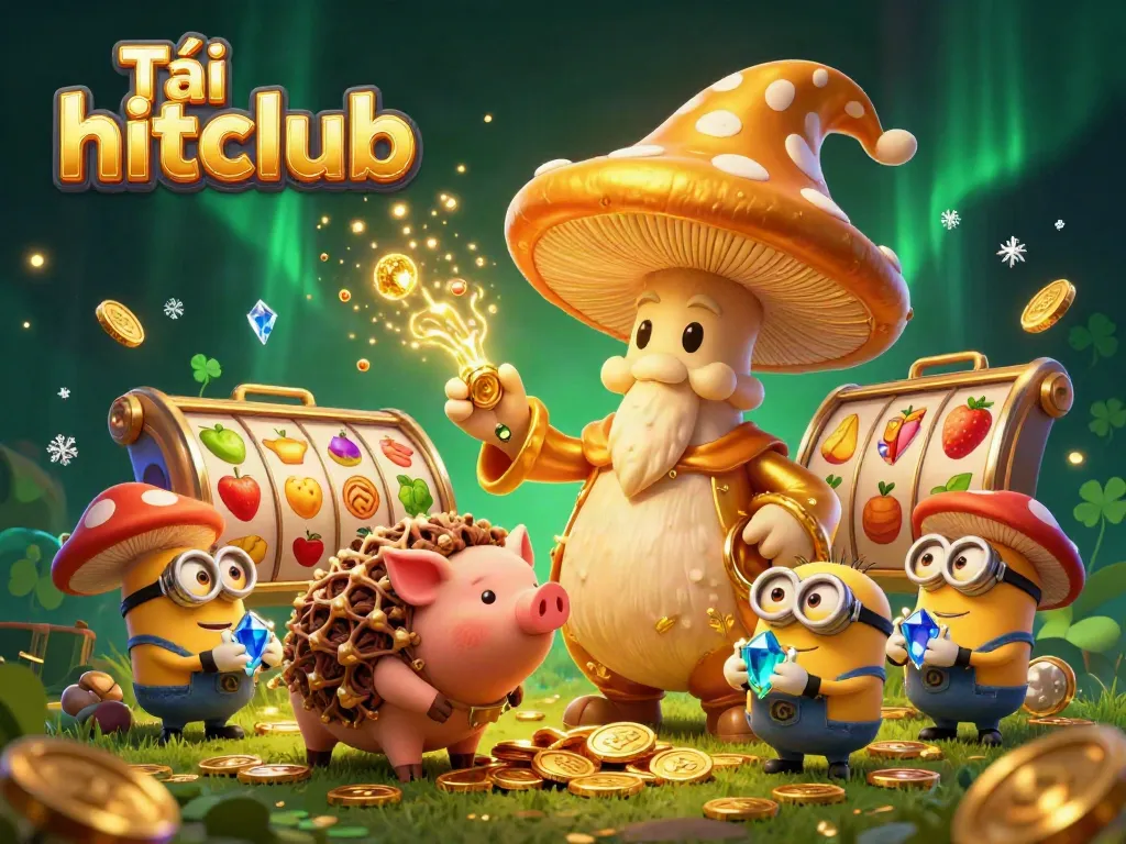 Experience the excitement with Tải hitclub as a golden mushroom wizard conjures riches in a vibrant casino scene.