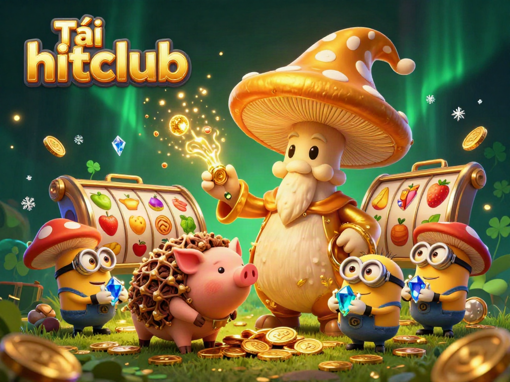 Experience the excitement with Tải hitclub as a golden mushroom wizard conjures riches in a vibrant casino scene.