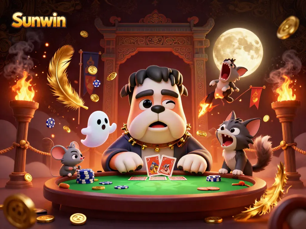 Engaging Sunwin gameplay with a Frankenstein bulldog card dealer amidst vibrant casino elements and gold coins.