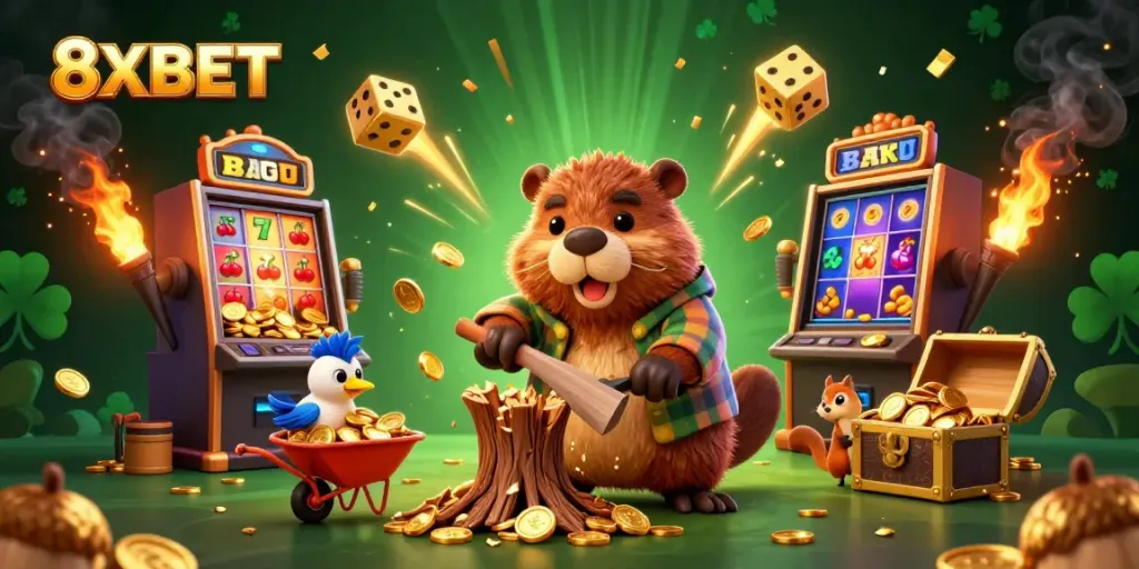Engaging 3D illustration showcasing 8XBET, featuring a beaver, a bird, and a squirrel amidst lively casino elements.