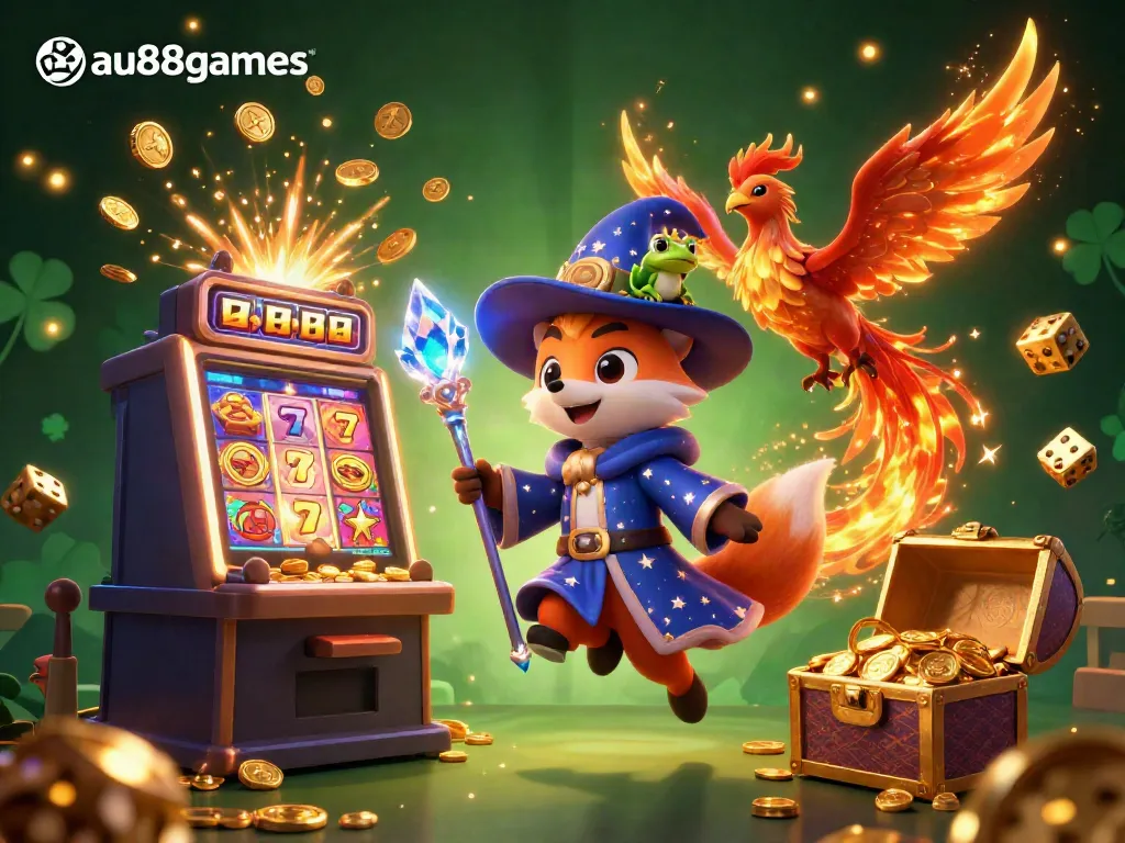 Experience exciting gameplay at au88games with a dazzling casino scene featuring a wizard fox, phoenix, and slot machine.