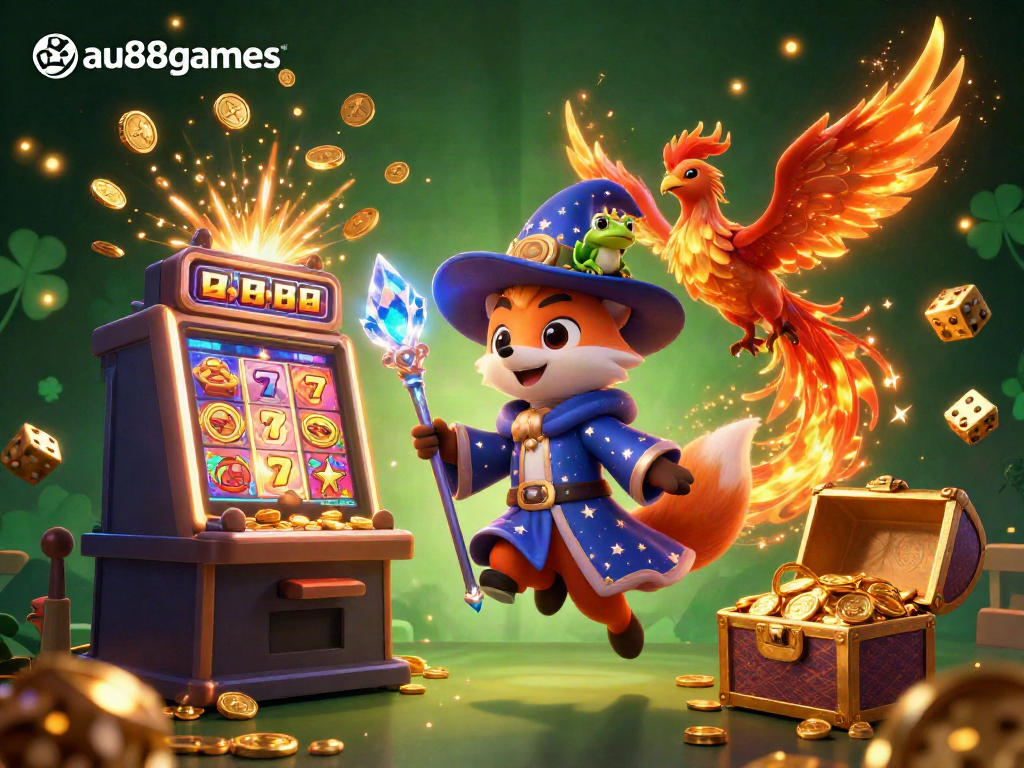 Experience exciting gameplay at au88games with a dazzling casino scene featuring a wizard fox, phoenix, and slot machine.