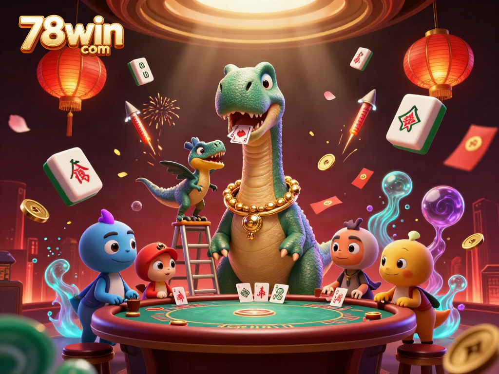 Engage with 78win com in a vibrant casino scene featuring animated dinosaur characters.