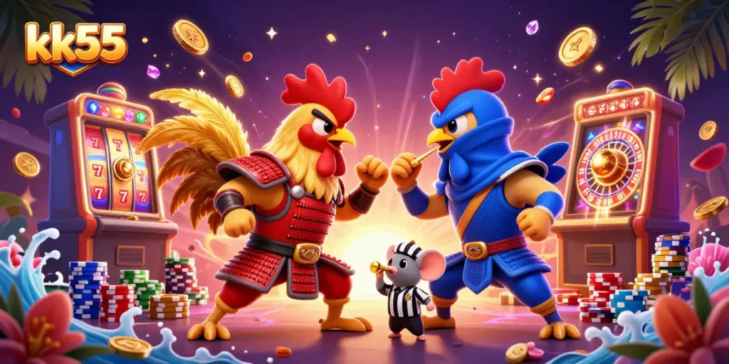 Engage with kk55's exciting casino adventure featuring dynamic roosters and vibrant gaming elements.