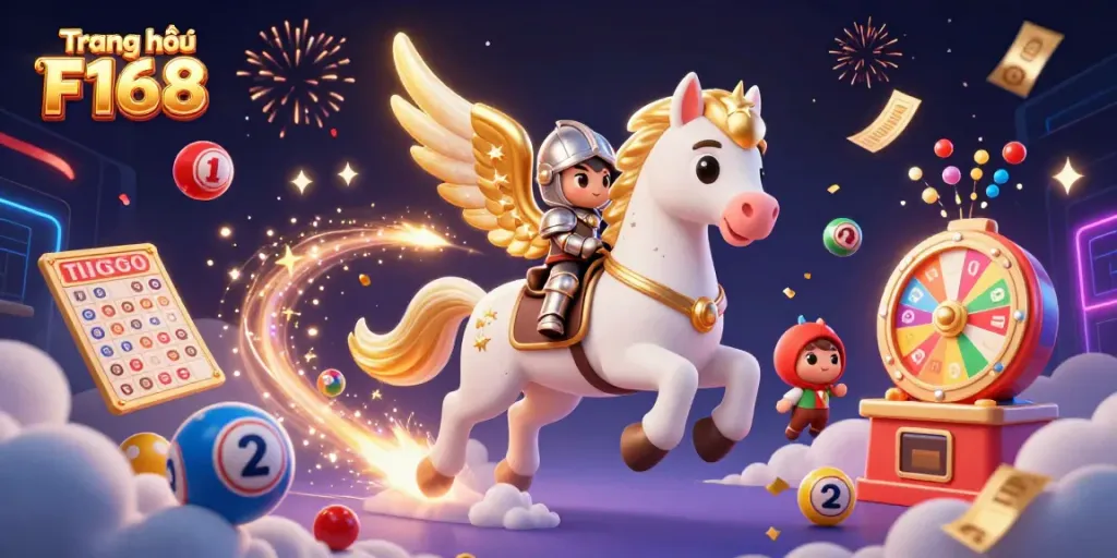 Engage with the immersive world of Trang chủ F168, featuring dynamic lottery elements and a celestial horse in action.