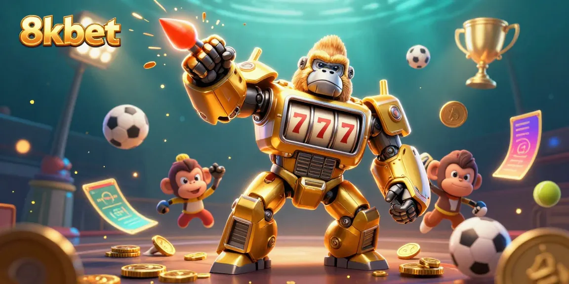 Experience the thrilling world of 8xbet with a dynamic scene featuring a golden gorilla mech.