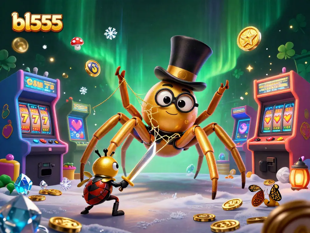 Experience excitement at bl555 with a golden tarantula and beetle knight in a captivating casino scene.