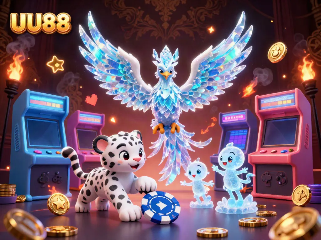 Experience the thrill of UU88 casino with a playful ice phoenix, snow leopard, and energetic sprites.