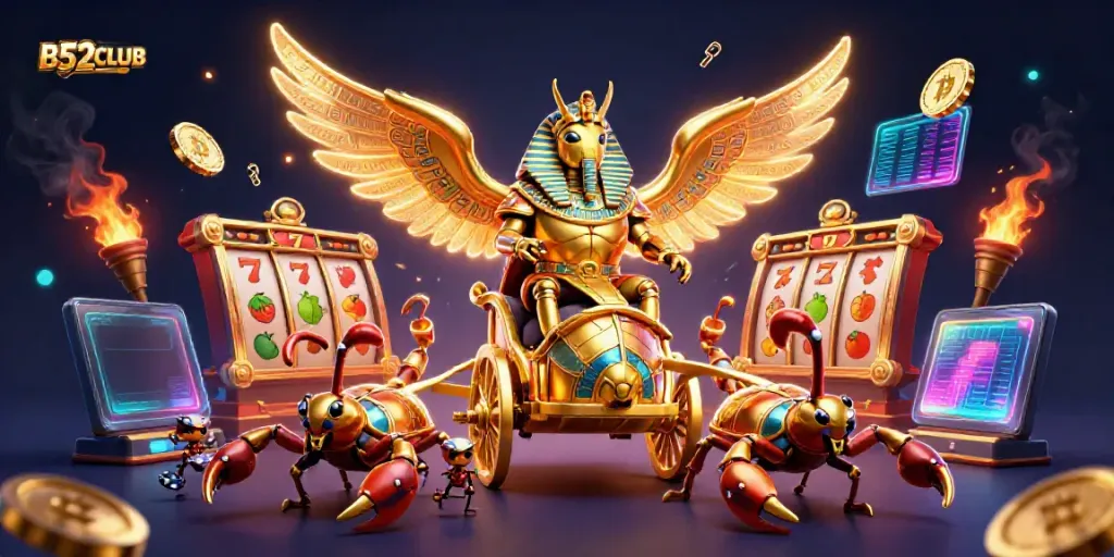 Enjoy slots gaming action with B52CLUB's golden scarab beetle amidst jackpot thrills.