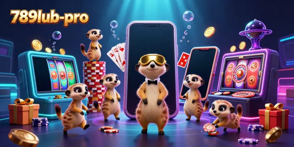 Experience the excitement of 789lub-pro in a vibrant casino scene with meerkats and dynamic gaming elements.
