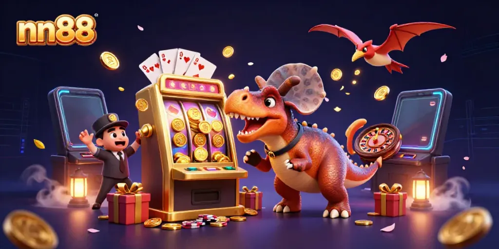 nn88 slot machine scene with a pachycephalosaurus celebrating jackpots and casino manager panicking while coins fly