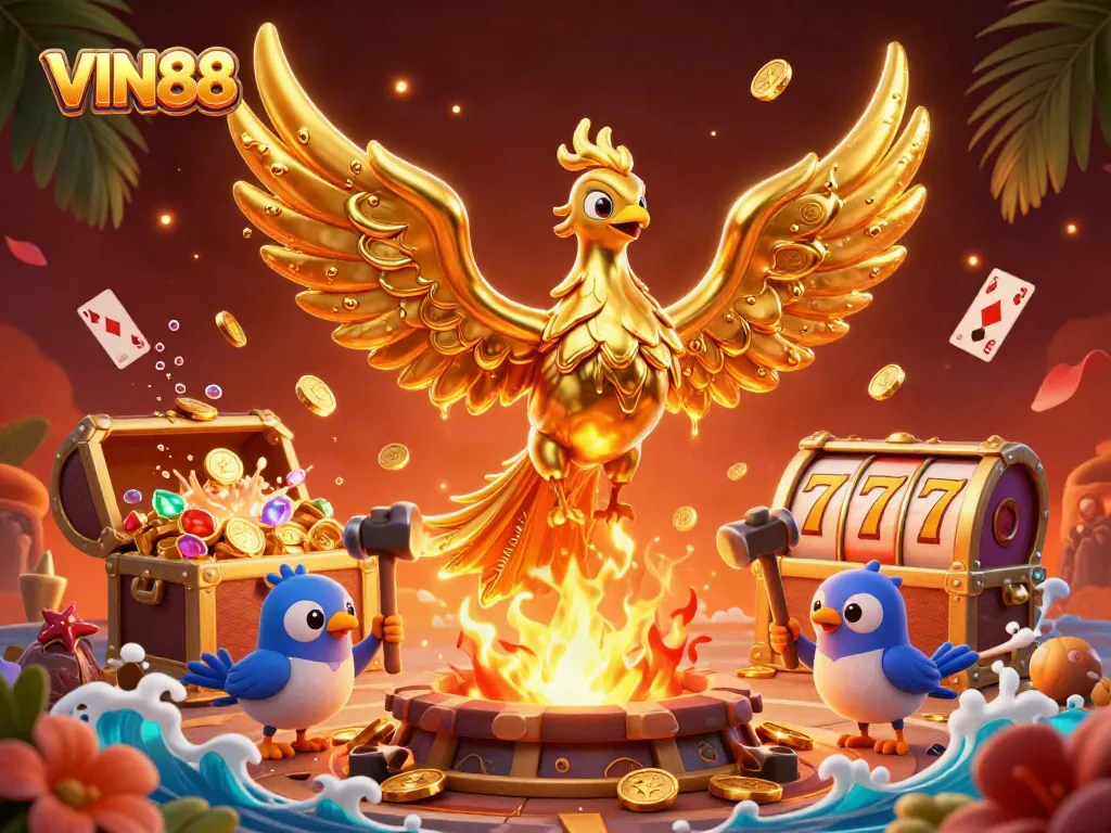 Experience the thrilling world of VIN88 with a molten golden phoenix amid treasures, captivating the excitement of gaming.